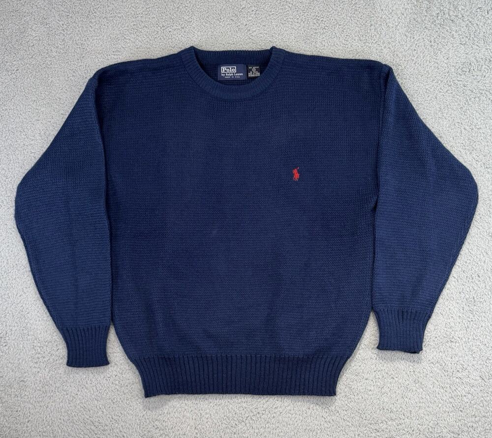 Vtg 80s/90s Polo Ralph Lauren Men’s Medium Woven Knit Blue Sweater Made In USA
